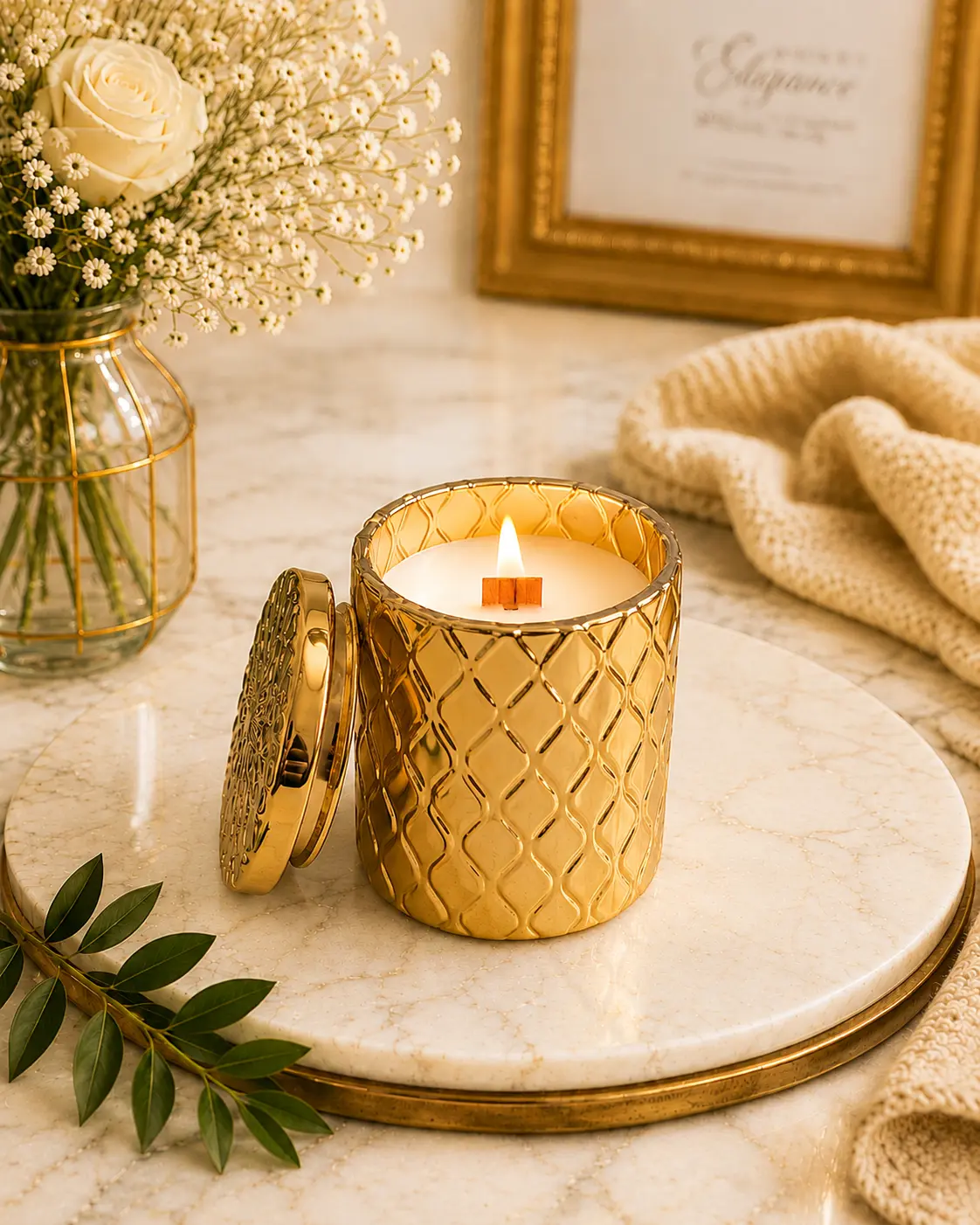 Lit Essence of Elegance gold textured candle on a marble tray with white roses
