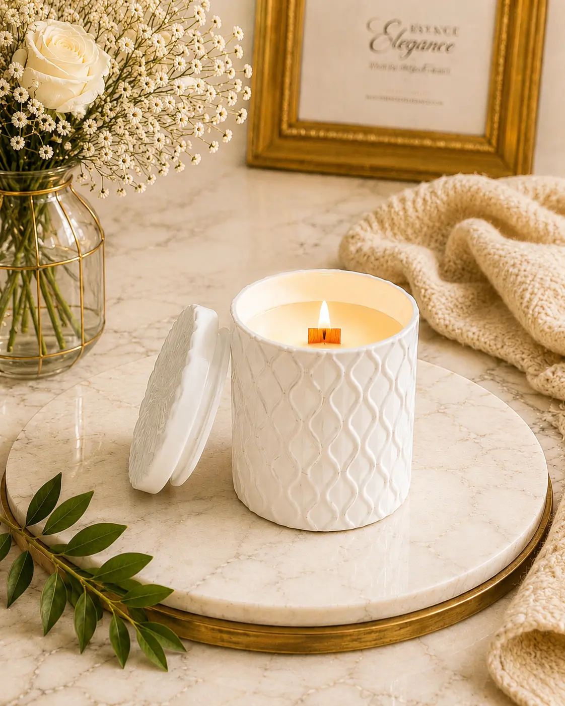 Lit Essence of Elegance white textured candle with its lid on a marble tray